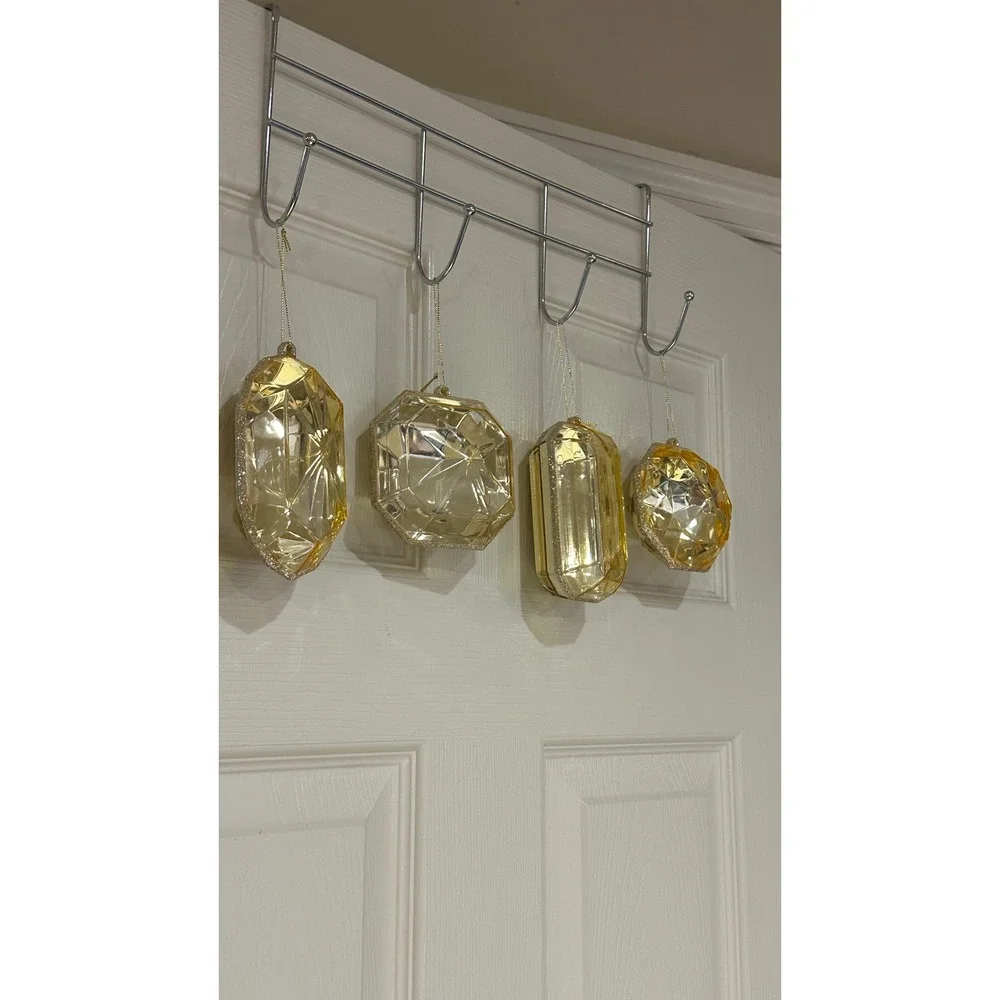 Set of 4 Large Champagne Gold Faceted Gemstone Christmas Ornaments Jewel Decor